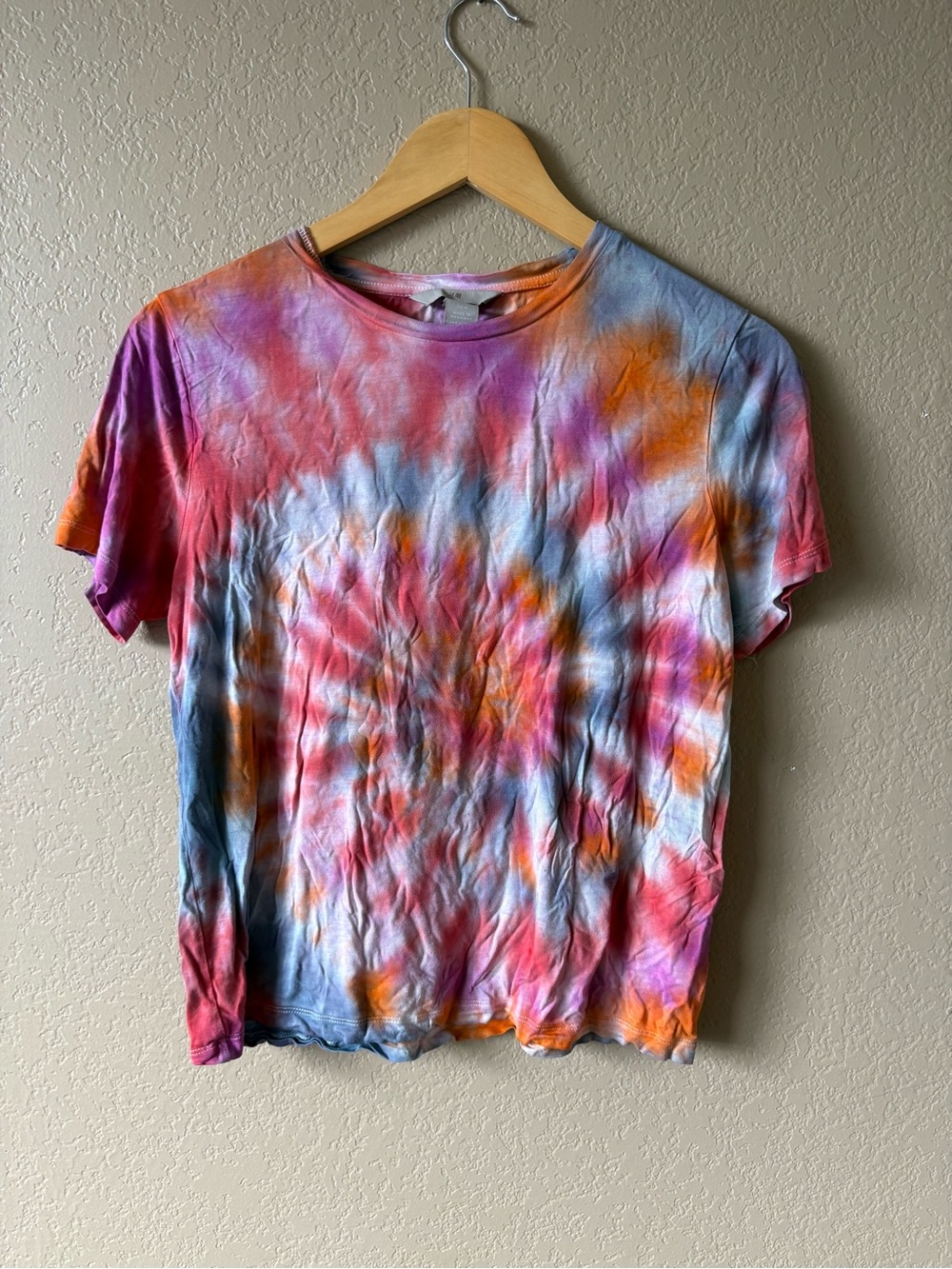 H&M Women's Med Pink Tie Dye Cropped Short Sleeve Tshirt Y2K Indie Sleaze